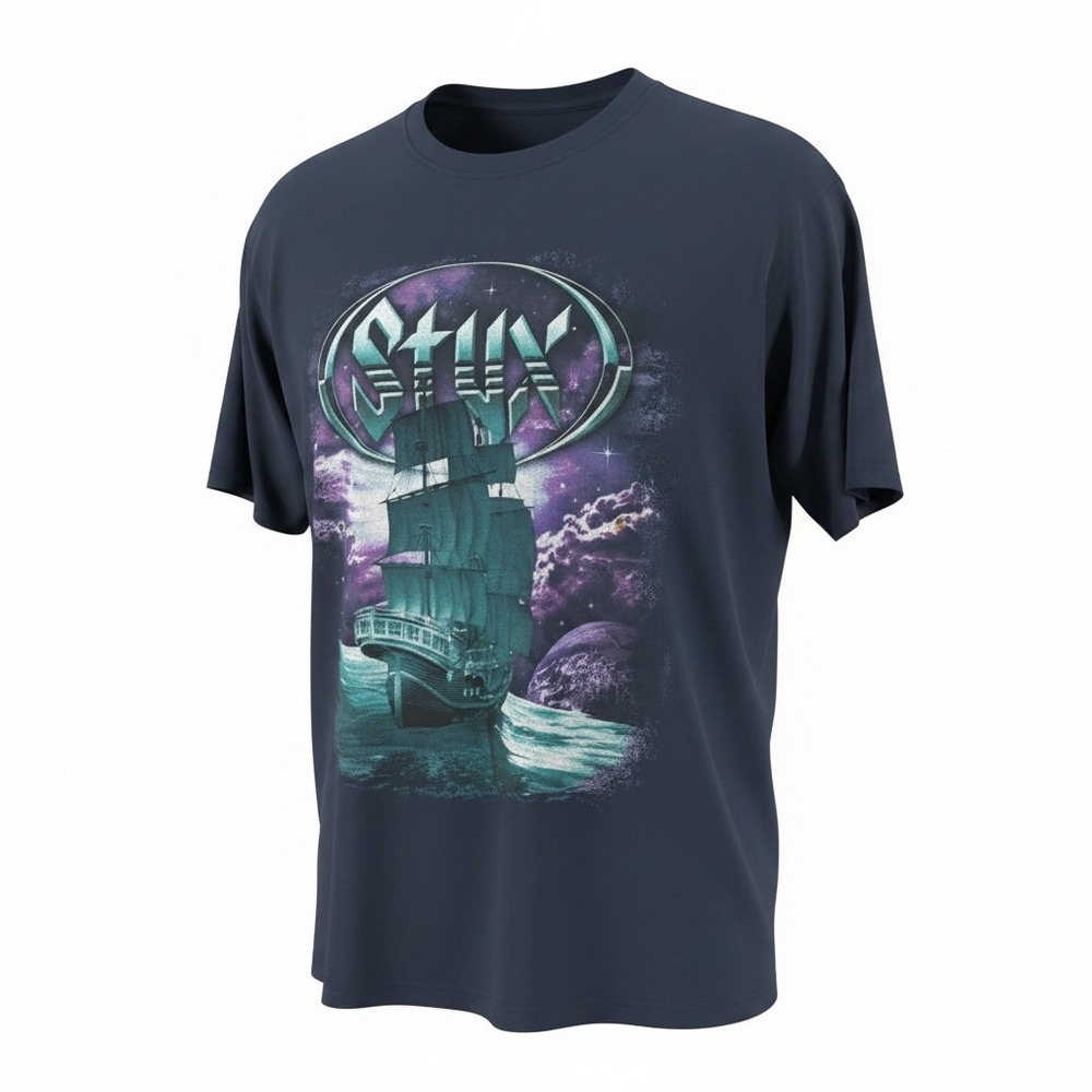 Styx World Tour Graphic T-Shirt Mens XL Navy Blue Delta Magnum Weight Rock Band